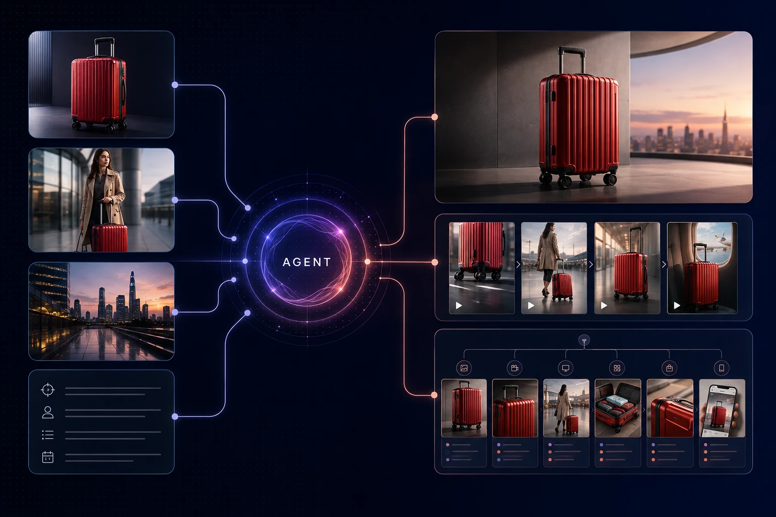 左侧商品、人物、场景与创作需求素材,经过中部 Agent 理解和规划后,右侧输出商品主视觉、短视频镜头方案与成套内容计划的能力示意